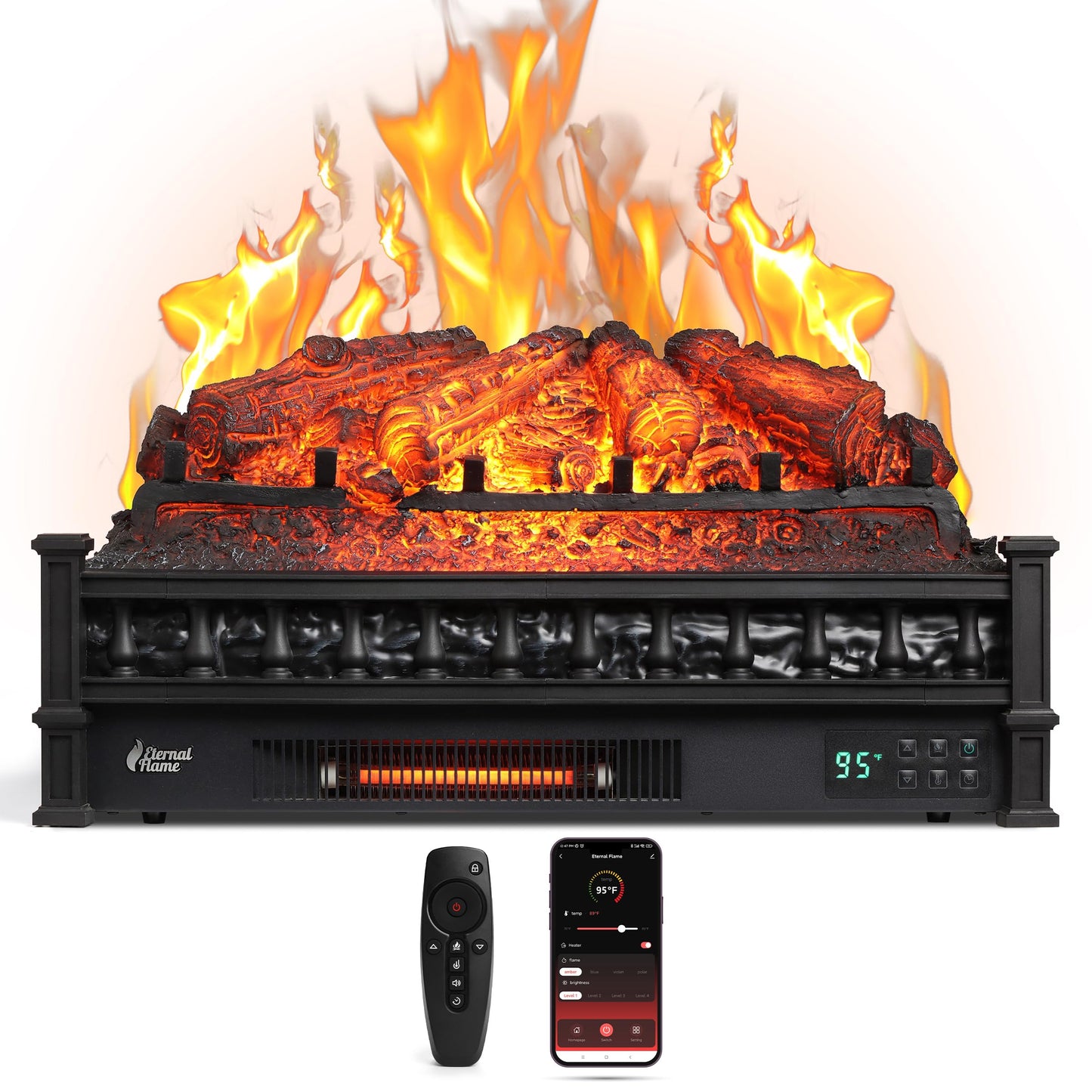 TURBRO Eternal Flame 26 in. WiFi Infrared Quartz Electric Fireplace Log Heater with Sound Crackling, Realistic Pinewood Logs, Adjustable Flame Colors, Remote Control, Thermostat, Timer, 1500W Black