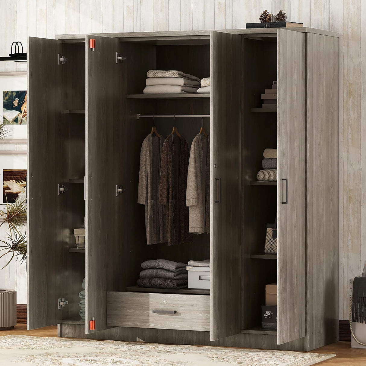 Quarte 4-Door Wardrobe with Drawers, Shelves and Hanging Rail, Freestanding Armoire Wardrobe Closet, Clothes Storage Cabinet Organizer Quarte