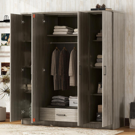 Quarte 4-Door Wardrobe with Drawers, Shelves and Hanging Rail, Freestanding Armoire Wardrobe Closet, Clothes Storage Cabinet Organizer Quarte