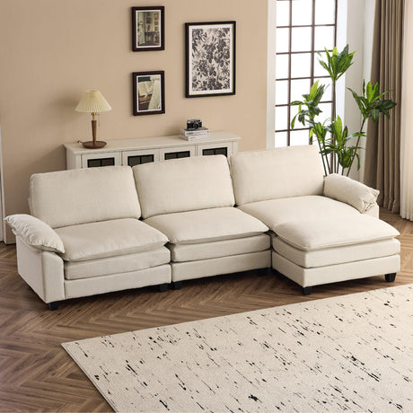 Karl home Sectional Sofa Modular Deep Seat Sofa Couch with Ottoman, Linen Sofa Sleeper Comfy Upholstered Furniture for Living Room, Apartment, Studio, Office, (3-Seat & 1-Ottoman, Beige) Karl home