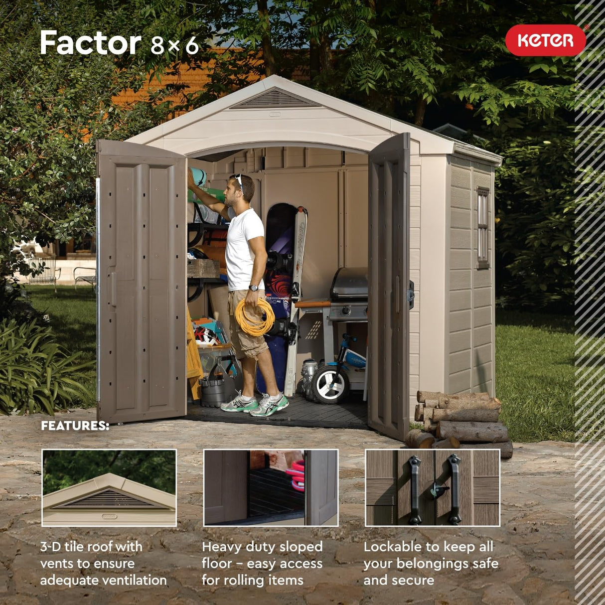 Keter Factor (8x6 ft) Large Resin Outdoor Storage Shed for Patio Furniture, Lawn Mower, Garden Accessories Yard Tools, and Pool Toys, Taupe Keter