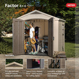 Keter Factor (8x6 ft) Large Resin Outdoor Storage Shed for Patio Furniture, Lawn Mower, Garden Accessories Yard Tools, and Pool Toys, Taupe Keter