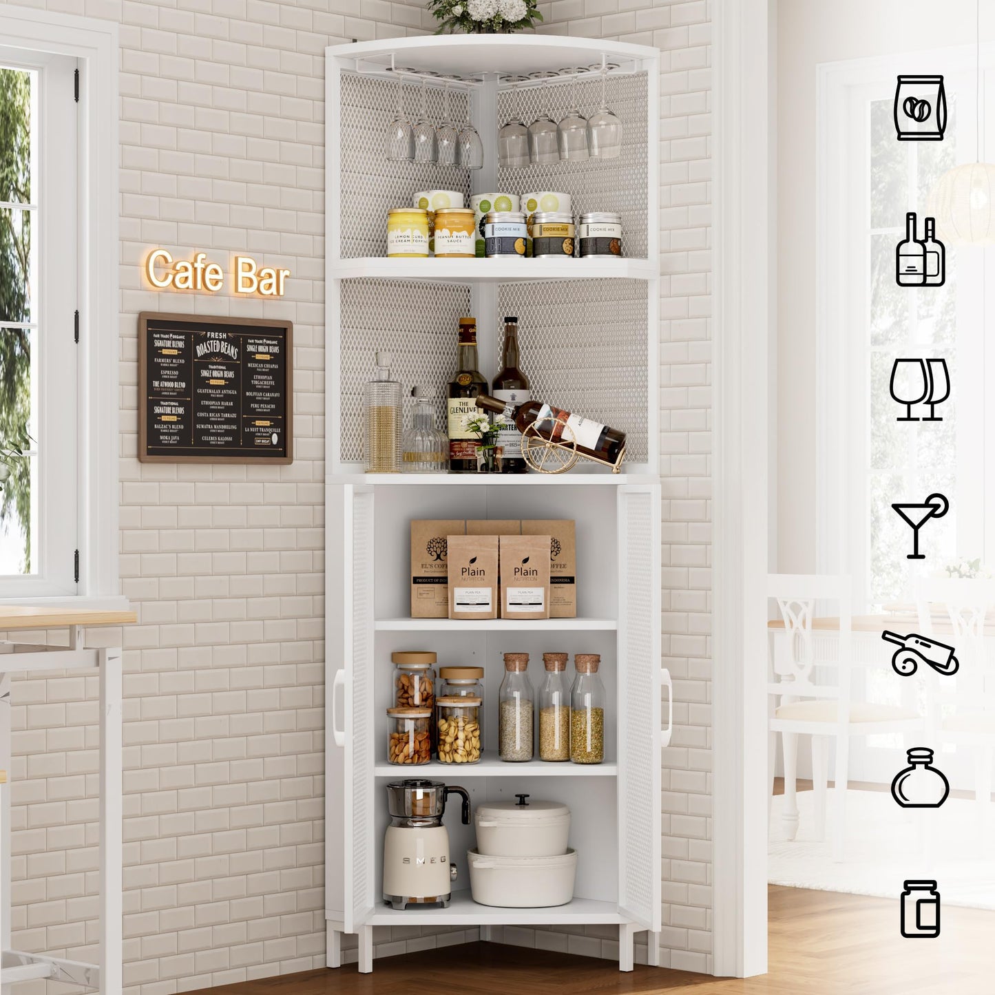 HITHOS Tall Corner Shelf with Doors, White Corner Cabinet, Modern Display Shelves Free Standing Storage Rack for Living Room, Dining Room