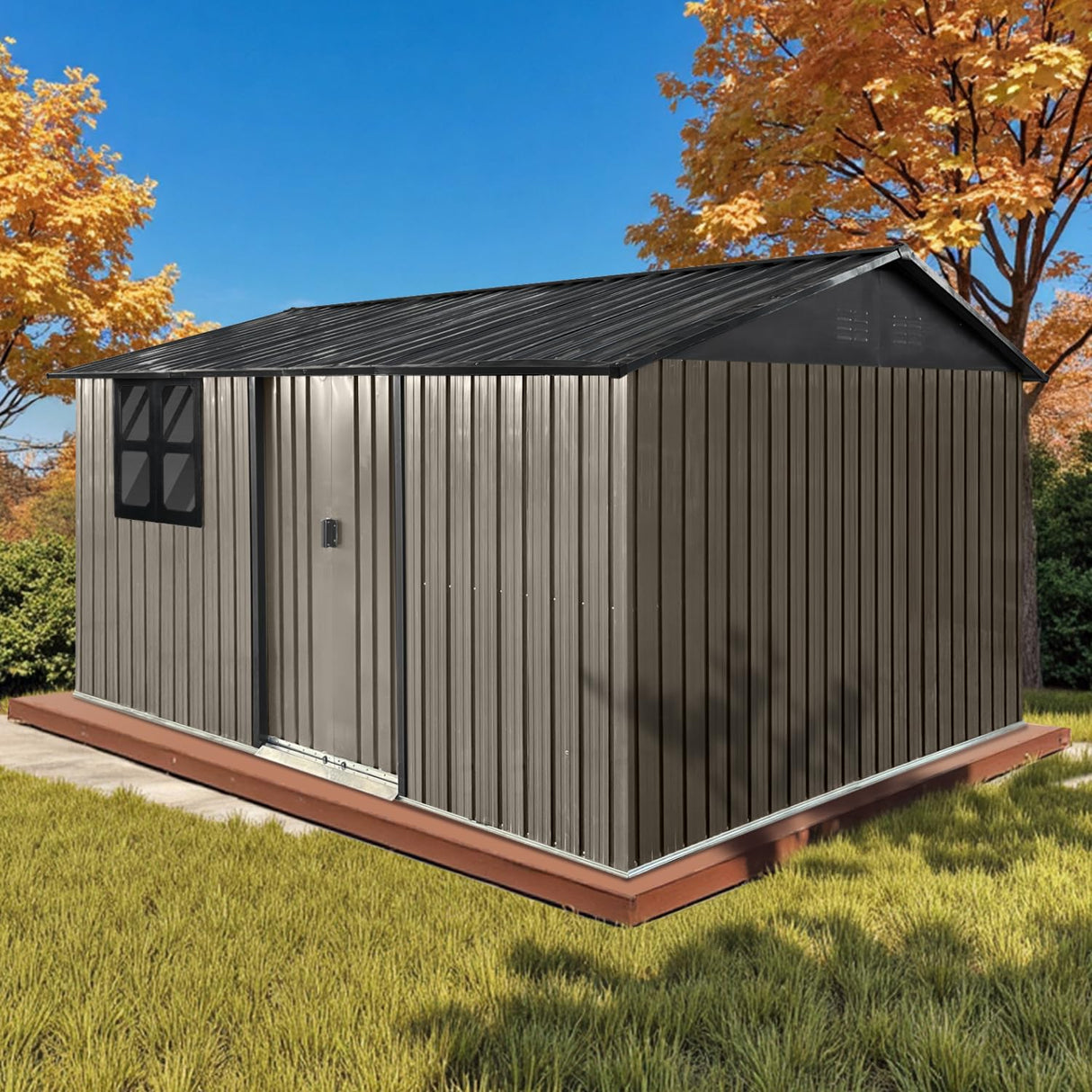 12x10 Ft Storage Shed Outdoor, XL Permanent Steel Building with Window, Sliding Doors and 4 Air Vents for Backyard Garden Patio Lawn - Brown LINKHOO