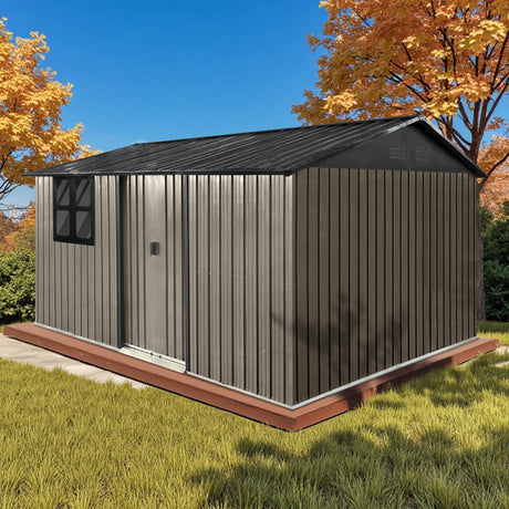 12x10 Ft Storage Shed Outdoor, XL Permanent Steel Building with Window, Sliding Doors and 4 Air Vents for Backyard Garden Patio Lawn - Brown LINKHOO