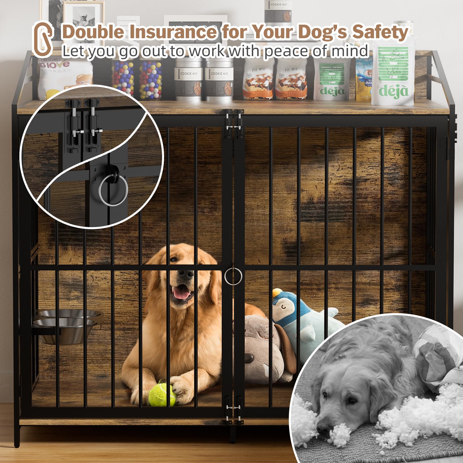 48" Furniture Style Large Dog Crate with 360° & Adjustable Height Feeder 2 Stainless Bowls, Double Door Wooden End Table House Kennel Indoor Use for Dogs - WoodArtSupply