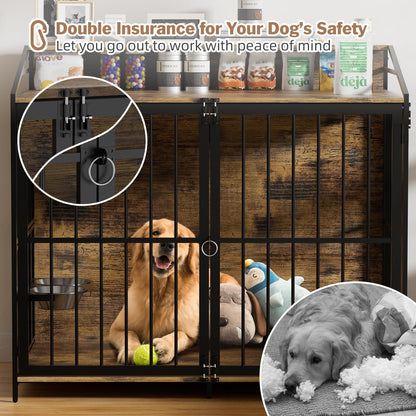 48" Furniture Style Large Dog Crate with 360° & Adjustable Height Feeder 2 Stainless Bowls, Double Door Wooden End Table House Kennel Indoor Use for Dogs - WoodArtSupply