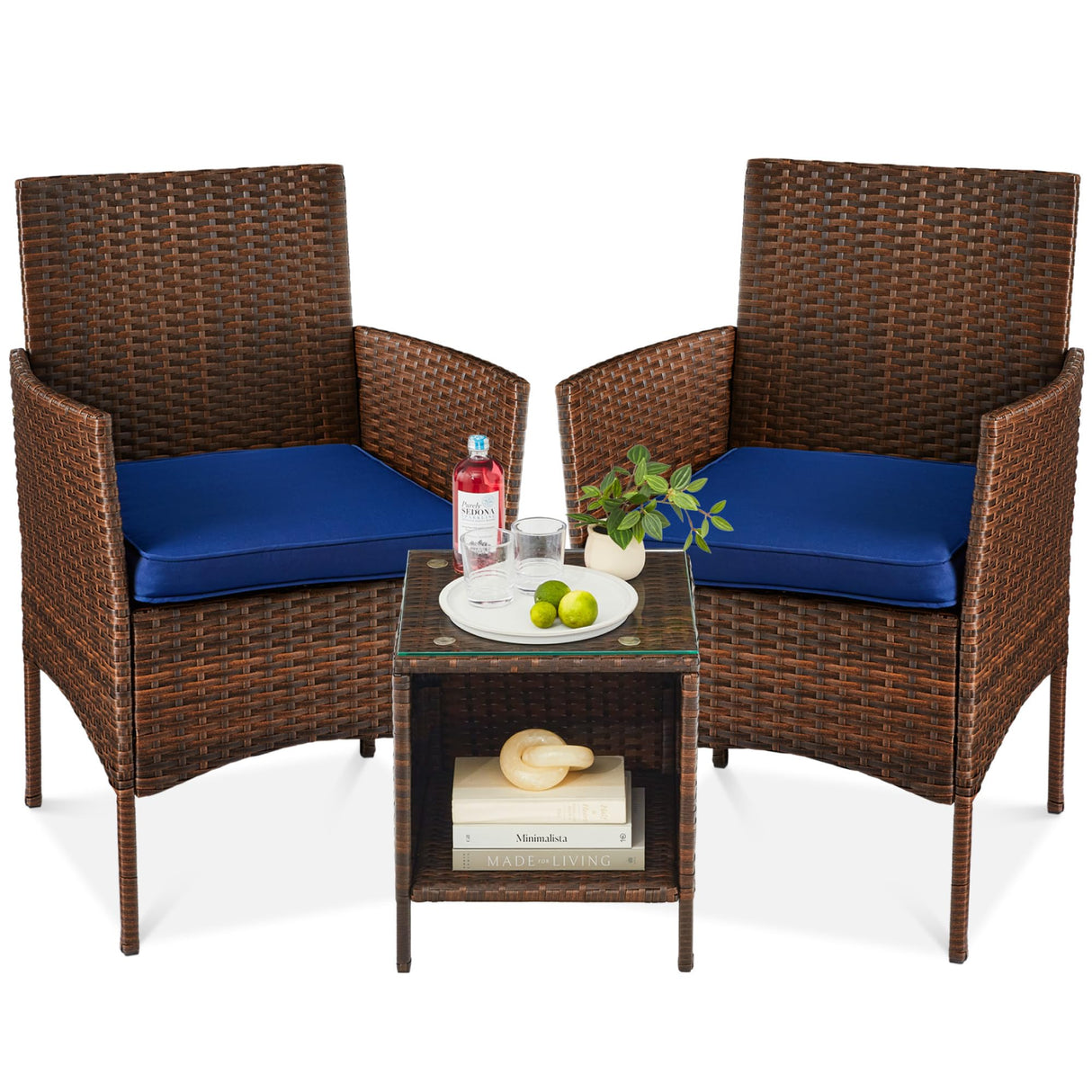 Best Choice Products 3-Piece Outdoor Wicker Conversation Bistro Set, Space Saving Patio Furniture for Garden w/Side Table - Brown/Navy Best Choice Products