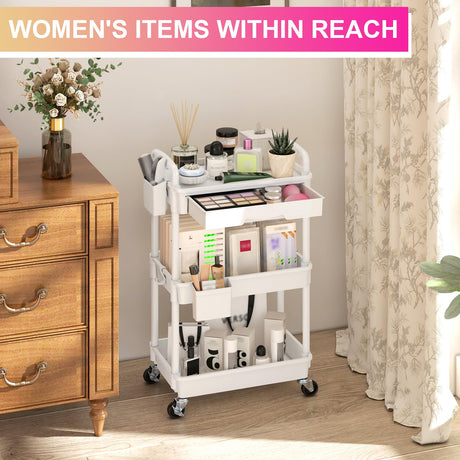 Goovilla 3 Tier Rolling Utility Cart Organizer with Removable Drawer, Stable and Sturdy White Rolling Storage Carts with 2 Lockable Wheels for Bathroom, Kitchen, Snack, Craft, Makeup, Baby Essentials Goovilla