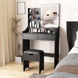 Vabches Vanity Desk with LED Light Mirror and Charging Station, Small Cute Vanity Set with 4 Storage Shelves 2 Drawers, Vanity for Girls Women with Storage Stool, Vanity Table for Bedroom (Black) Vabches
