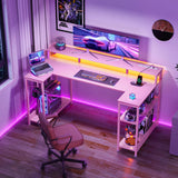 ODK 48 Inch Gaming Desk with LED Lights and Power Outlet, U-Shaped Computer Desk with Monitor Stand and Storage Shelves, PC Gamer Table for Home Office, Carbon Fiber Pink ODK