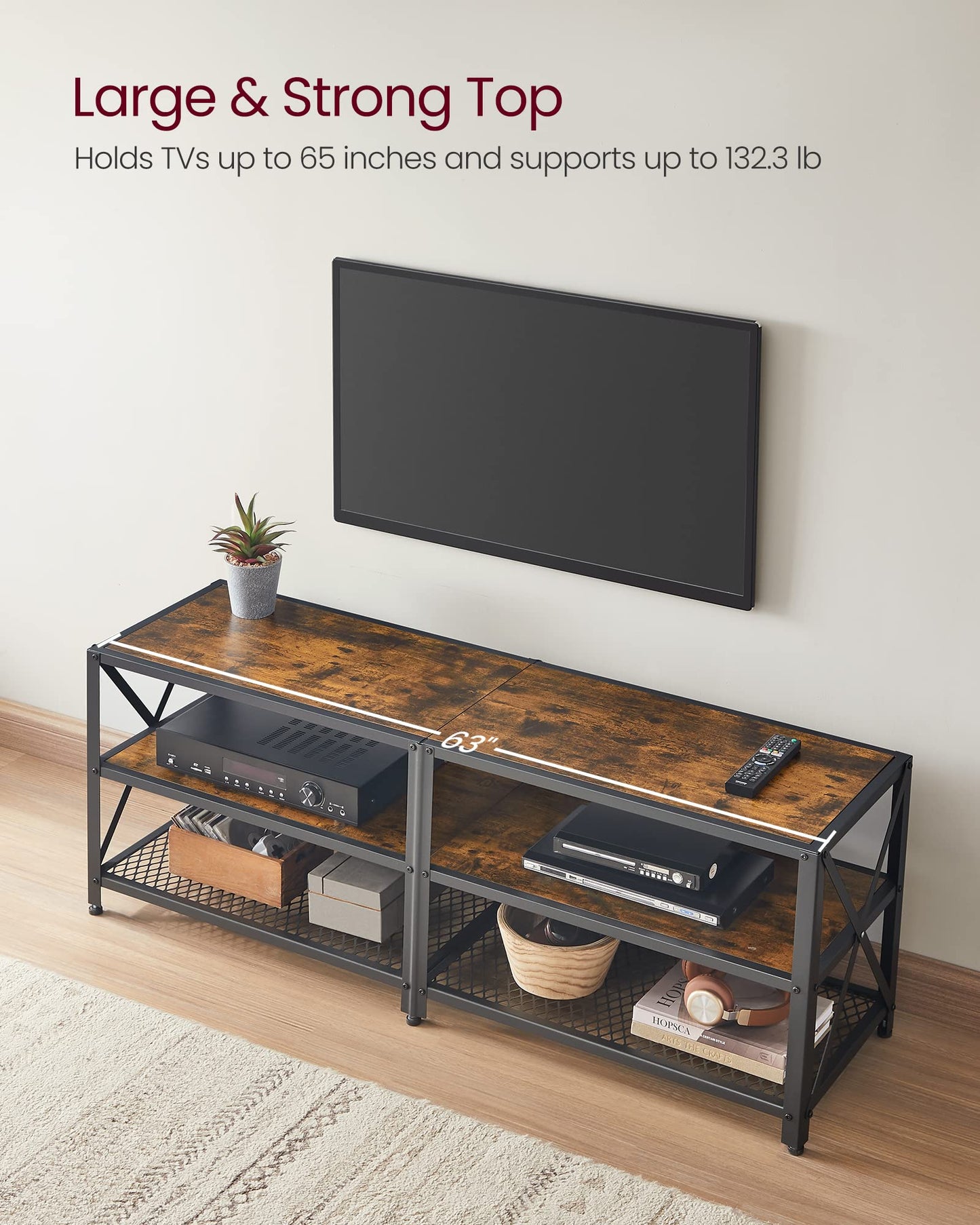 VASAGLE TV Stand, TV Console for TVs Up to 65 Inches, TV Table, 55.1 Inches Width, TV Cabinet with Storage Shelves, Steel Frame, for Living Room, Bedroom, Rustic Brown and Black ULTV094B01