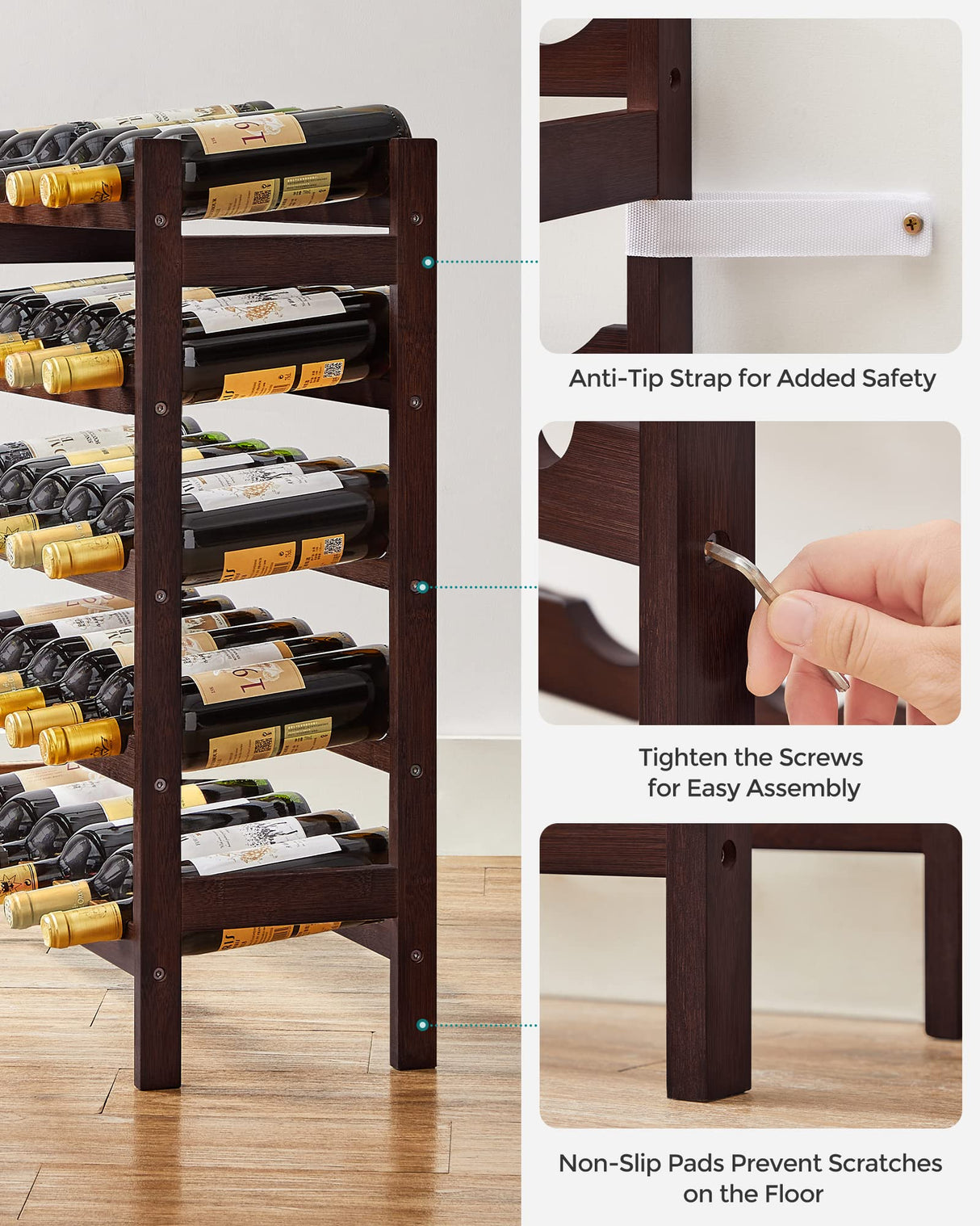 SONGMICS 30-Bottle Wine Rack, 5-Tier Freestanding Floor Bamboo Wine Holder, Display Stand Shelves, Wave Bars, Espresso UKWR25BR SONGMICS