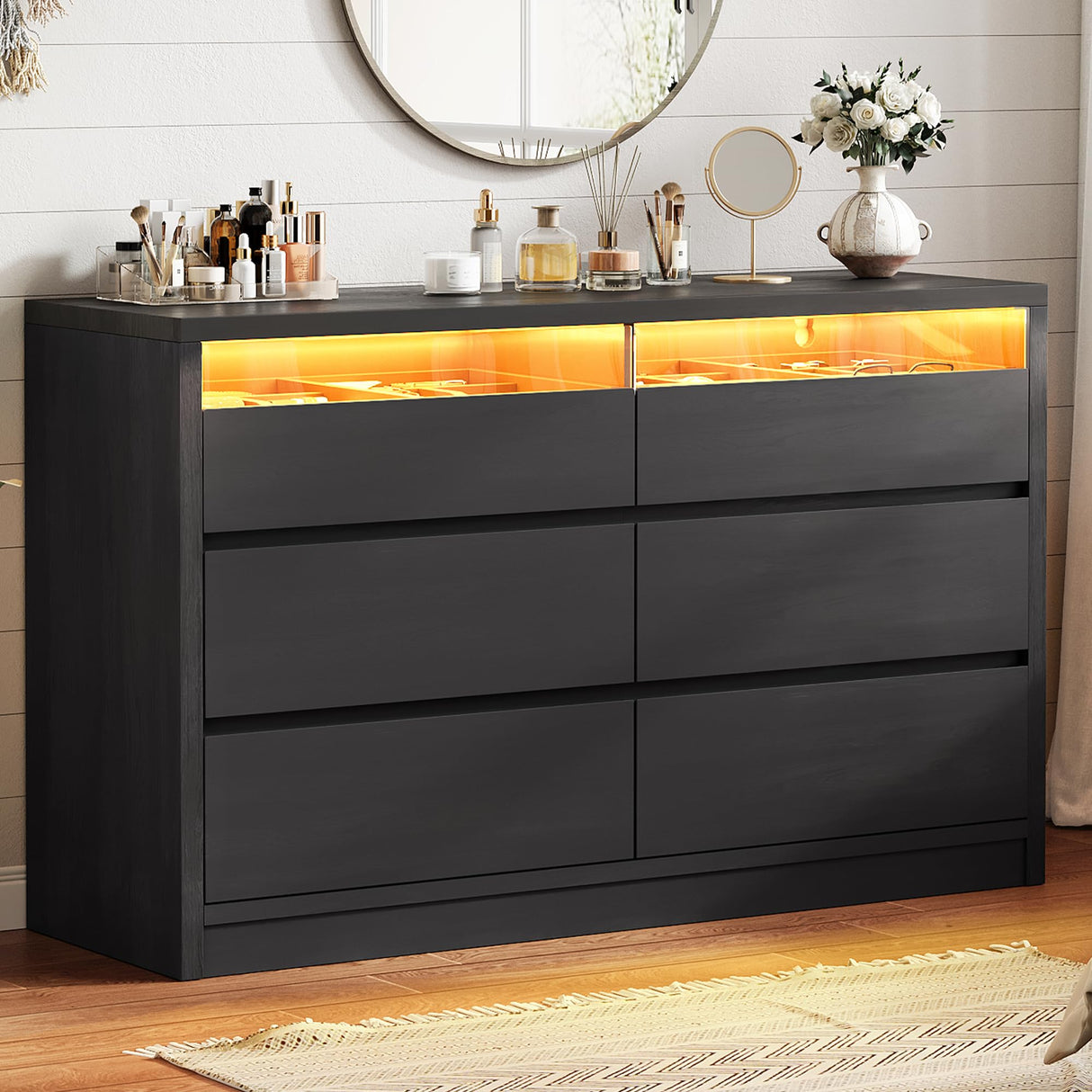 Jocoevol Large 6 Drawer Dresser for Bedroom with LED Light, Modern Chest of Drawers with Hidden Handles, Long Double Wooden Dresser Closet for Living Room, Entryway, Hallway - Black Jocoevol