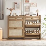 HOKYHOKY Rattan Shoe Storage Cabinet with 2 Drawers & 2 Flip Drawers – Hidden Slim Shoe Organizer for Entryway, Large Tabletop Space, Farmhouse Boho Narrow Shoe Rack, Rustic Oak HOKYHOKY