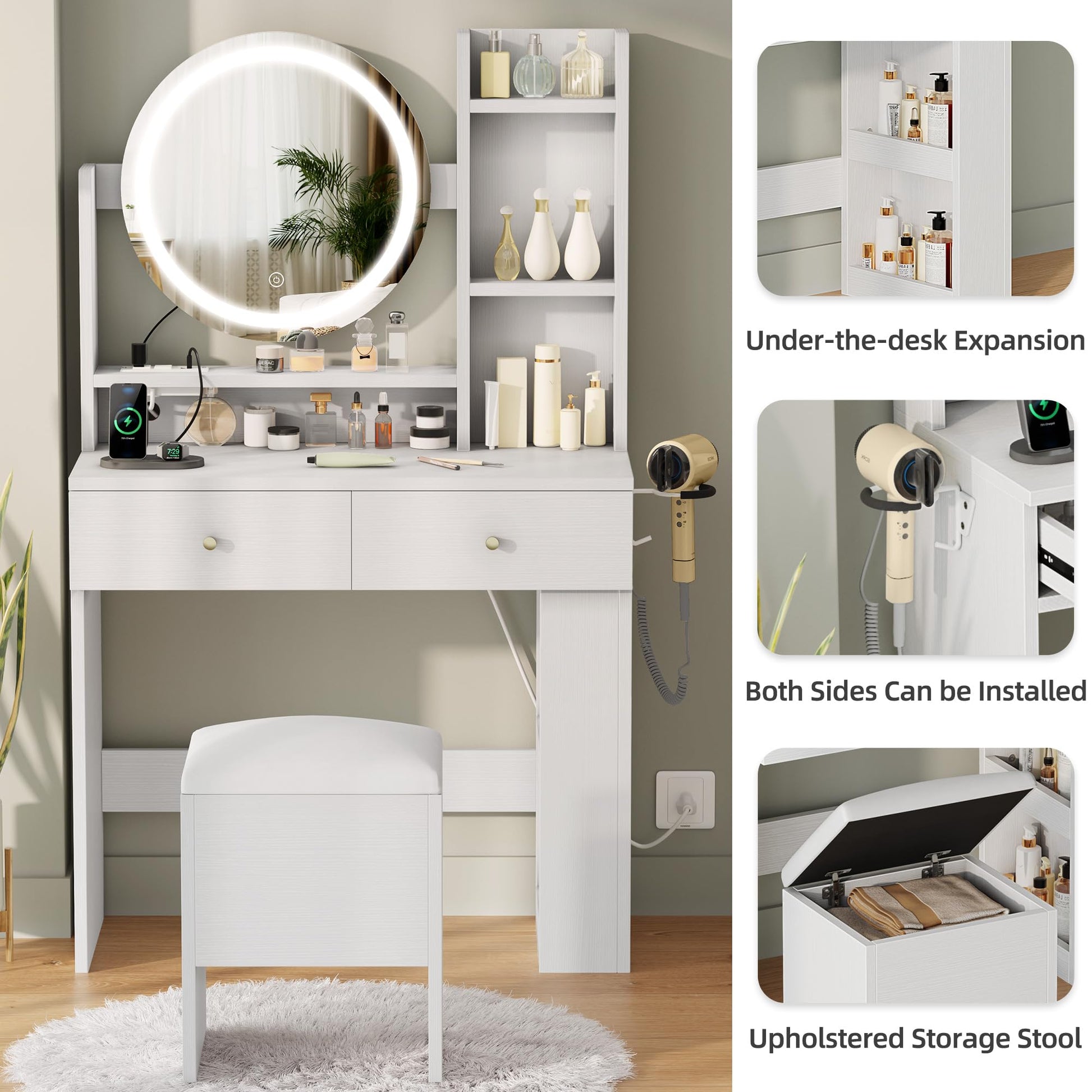 YITAHOME Vanity Desk Set with Large LED Lighted Mirror & Power Outlet - Makeup Table with 2 Drawers, 3 Open Shelves & Hair Dryer, Storage Stool for Bedroom, White - WoodArtSupply