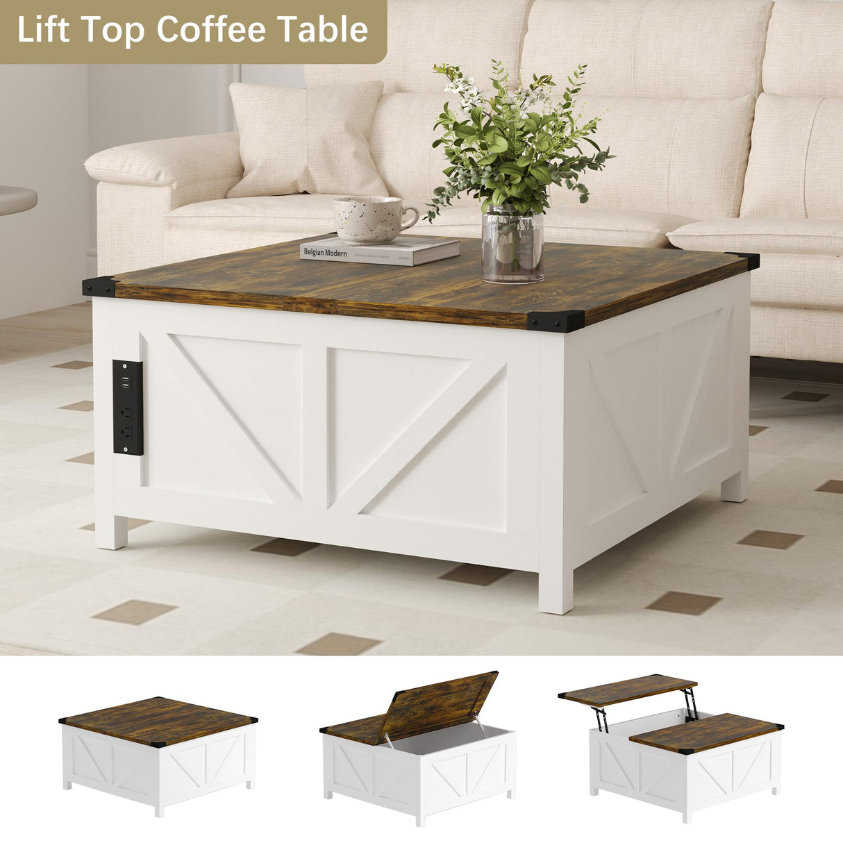 Furnivado 35'' Farmhouse Lift Top Coffee Table, Coffee Table with Storage and Large Hidden Storage, Square Coffee Table with Charging Station&USB Ports, White Coffee Table for Living Room, Home Office Furnivado