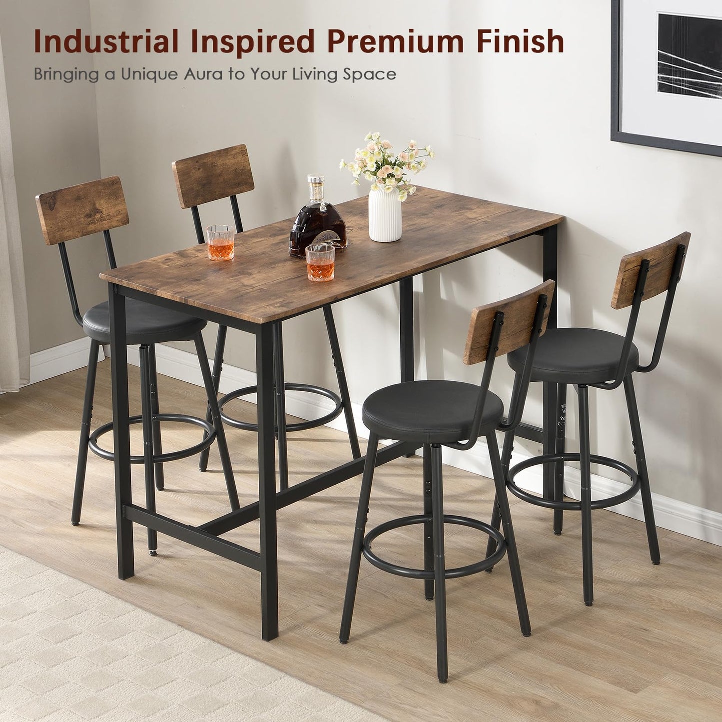 Tatub 5-Piece High Dining Table and Chairs Set for 4 - Brown Industrial Design