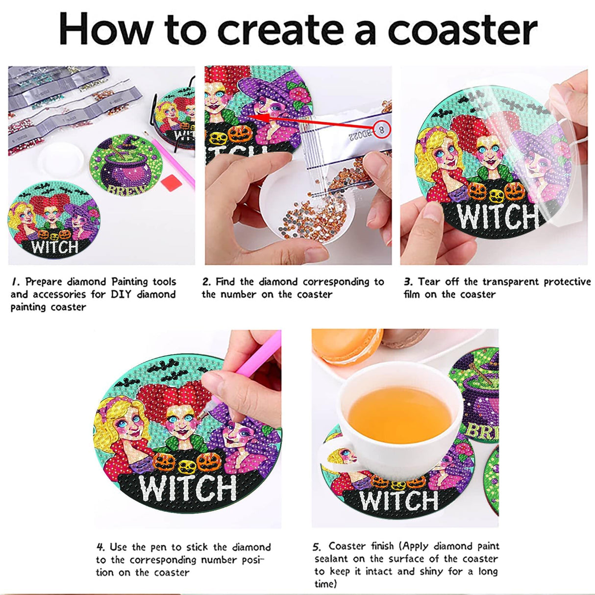 CEUHROG 6 Pcs Diamond Paintings Coasters Kits with Holder, DIY Halloween Coaster Diamond Art Kits,Full Drill Rhinestone Painting Kits for Adults Ki,Beginners Art Craft Supplies CEUHROG
