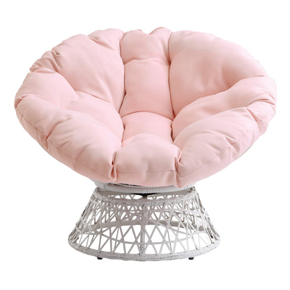 OSP Home Furnishings Wicker Papasan Chair with 360-Degree Swivel, Cream Frame with Pink Cushion