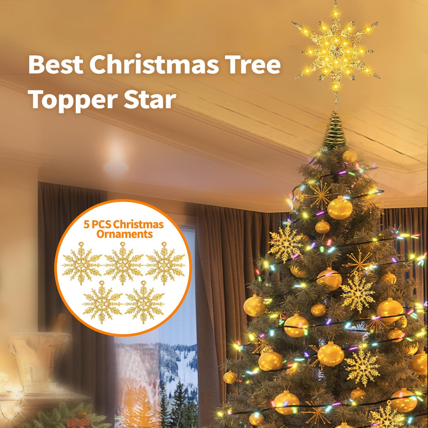 Christmas Tree Star Topper, 3D Tree Toppers Christmas Decorations with LED Lights 8 Lighting Modes Dimmable Timer USB Powered for Xmas Home Holiday Party Indoor Outdoor Ornaments Decor -15Inch Gold