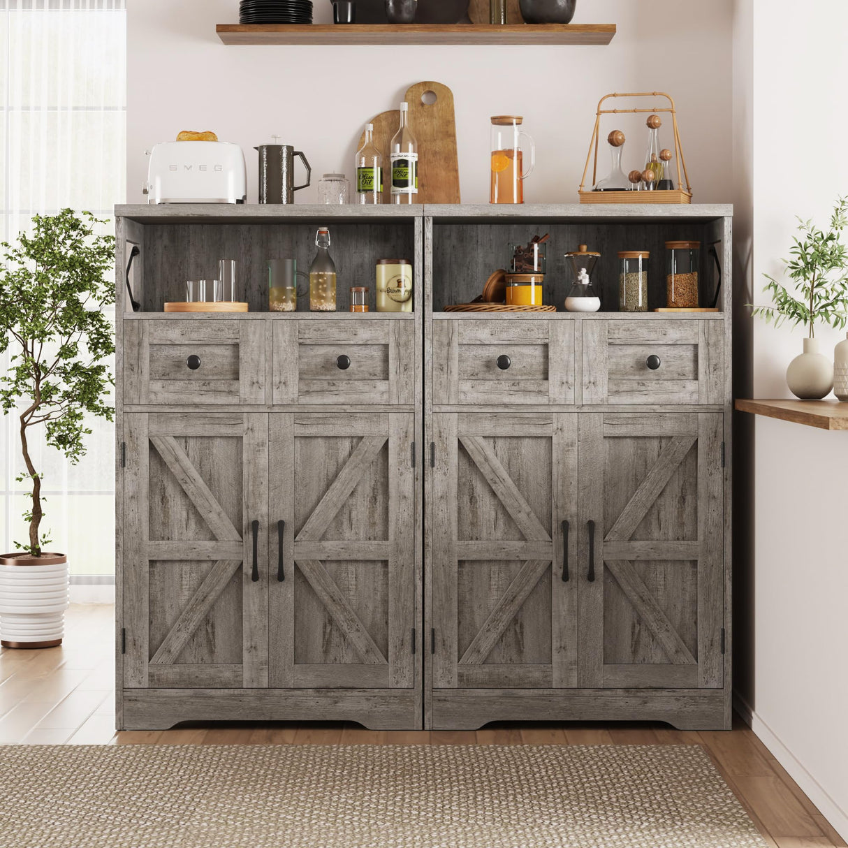 Befrases Farmhouse Storage Cabinet with Drawers and Adjustable Shelves, Freestanding Kitchen Pantry Storage Cabinet, Floor Storage Cupboard for Dining Living Room Home Office, Washed Grey Befrases