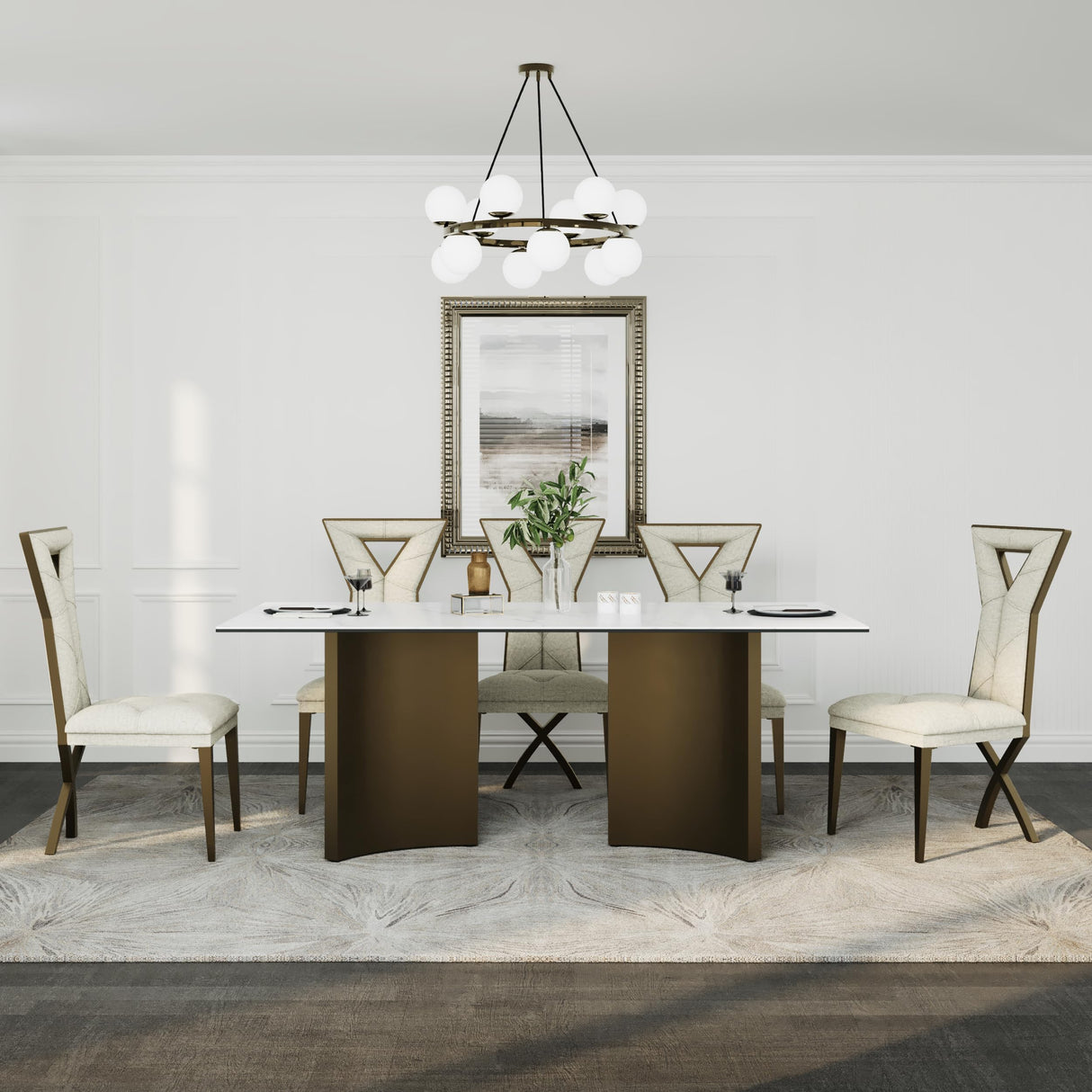 Anewsun 9 Piece Dining Table Set, Brushed Bronze Dining Room Table Set with 78 inch White Stone Table and 8 White Chenille Dining Chairs Anewsun