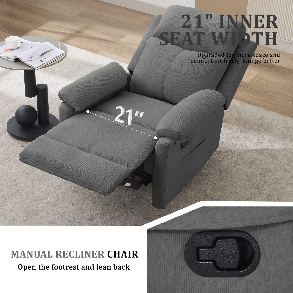 Korser Recliner Chair, Manual Recliner for Adults with Side Pocket, Small Recliners for Small Spaces, Adjustable Comfy Overstuffed Corduroy Reclining Chairs for Living Room, Reading, Bedroom, Grey Korser