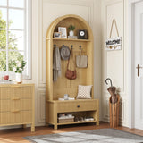LSKTGA 70.86-inch Entryway Hall Tree, Farmhouse-Style Wooden Coat Rack Freestanding, Entryway Organizer with Four Hooks, Standing Shoe Rack with Bench for Hallways, Foyers, and Living Rooms, Natural LSKTGA