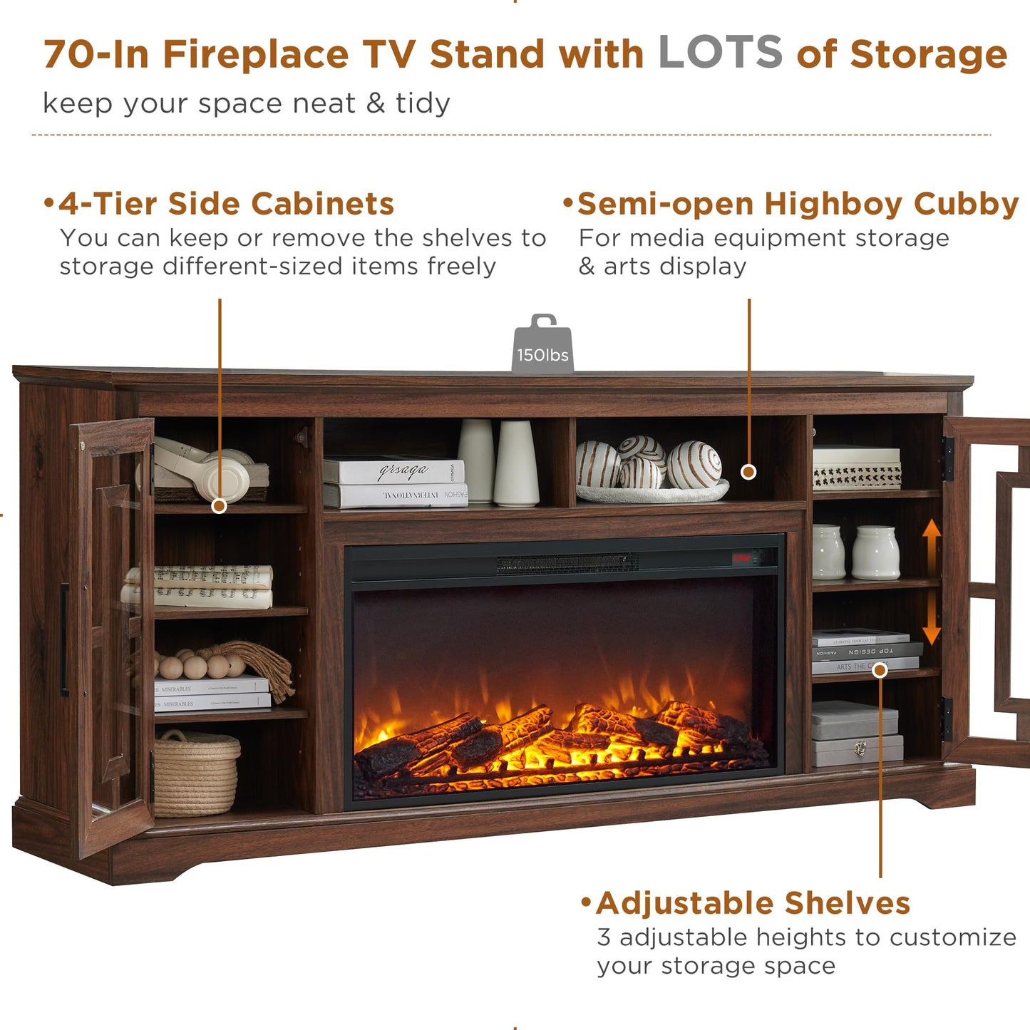 JXQTLINGMU Fireplace TV Stand with 36" Electric Fireplace for 75 80 Inch TV, Farmhouse 32" Tall Highboy Entertainment Center w/6 Shelves, Modern Media Console Storage Cabinet for Living Room, Brown