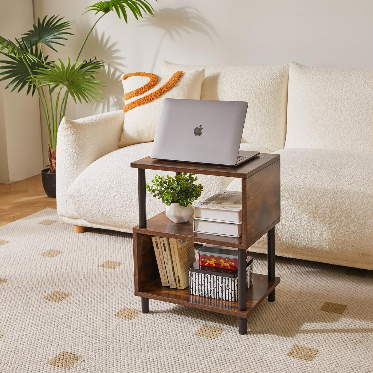 Aibiju Side Table for Bedroom, Narrow End Table Small, Mid-Century Modern Nightstand with Open Storage Shelf, Small Table Rustic Brown/Black YD-TM152H Aibiju