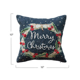 Creative Co-Op, Multicolor Square Cotton Printed Pillow with Wreath, Embroidery, Beads Poms Merry Christmas Creative Co-Op