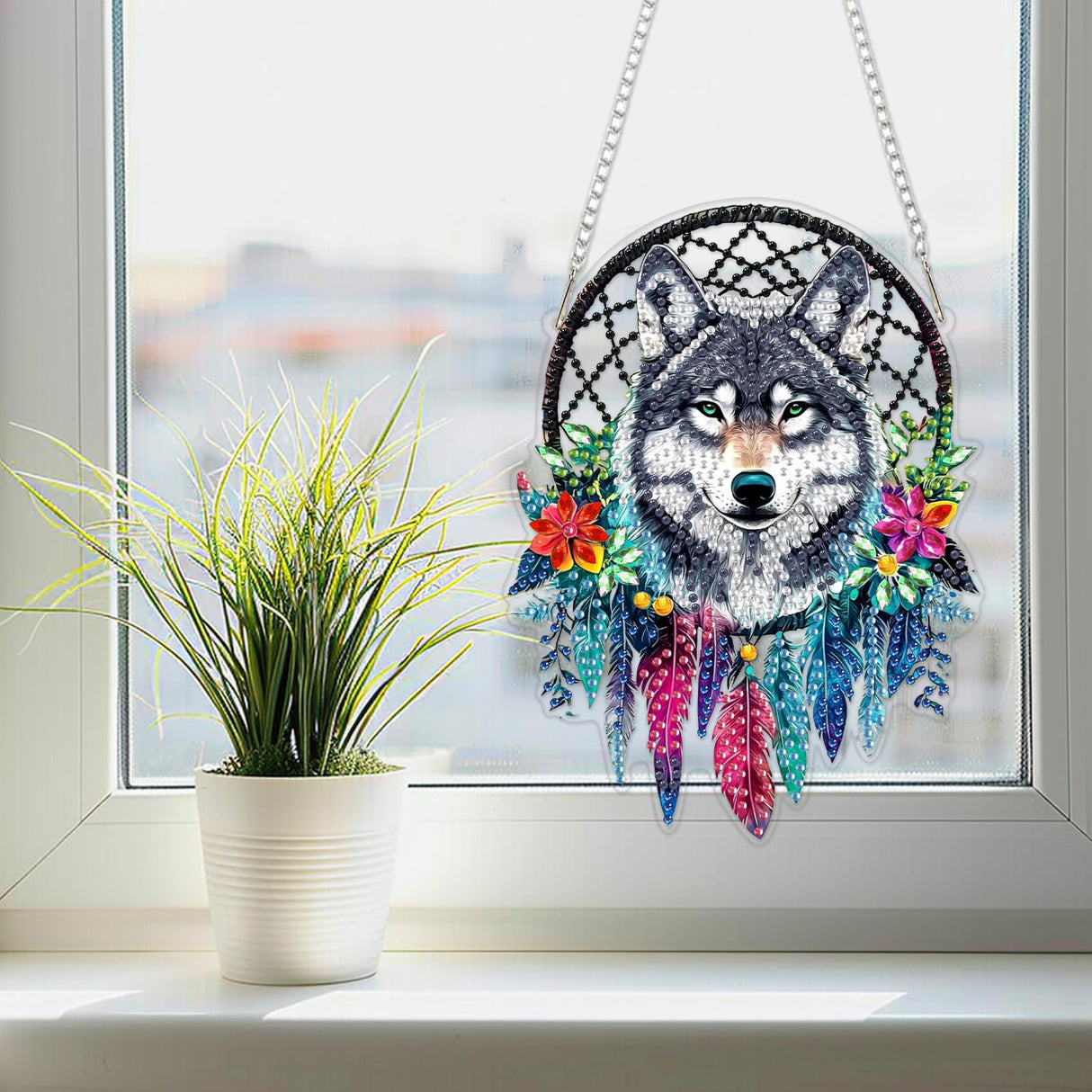 SENQAO Wolf Diamond Art Hanging Kit for Adult, Special Shaped Rhinestone, Double Sided DIY Acrylic Diamond Art Painting Window Pendants Home Garden Wall Hanging Kits Hanging Ornament (Dream Catcher) SENQAO