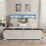 Fameill Farmhouse Queen Size Bed Frame with Headboard and Storage Ottoman, Sliding Barn Door & 4 Drawers, LED Lights and Charging Station, No Box Spring Needed, Antique White Fameill