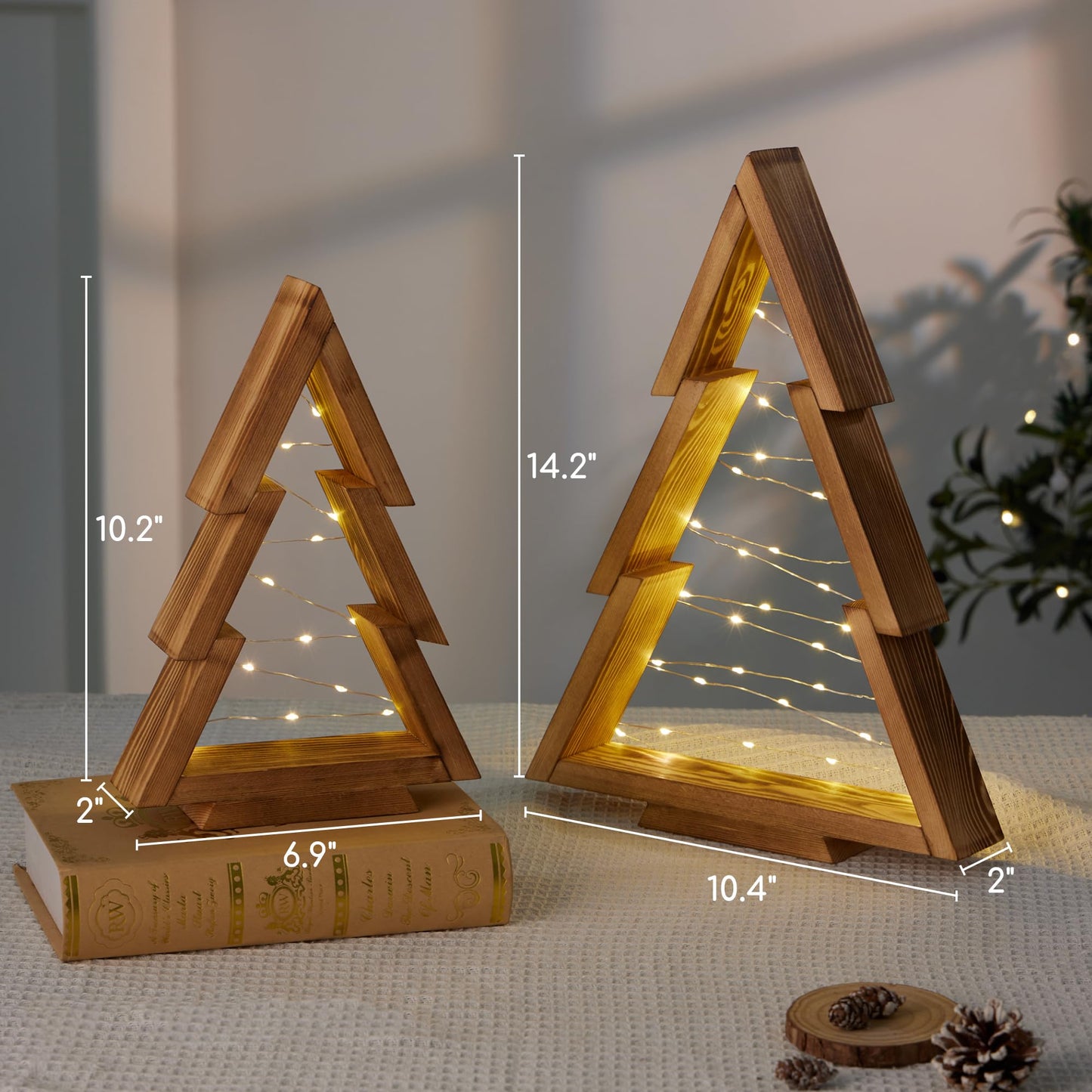 SOONOW Christmas Decorations, Wooden Christmas Tree, Tabletop Christmas Tree with Lights, Small Lighted Christmas Trees Decor for Table Top Mantle Shelf, 2 Pack (Large 14.2" H & Small 10.2" H)