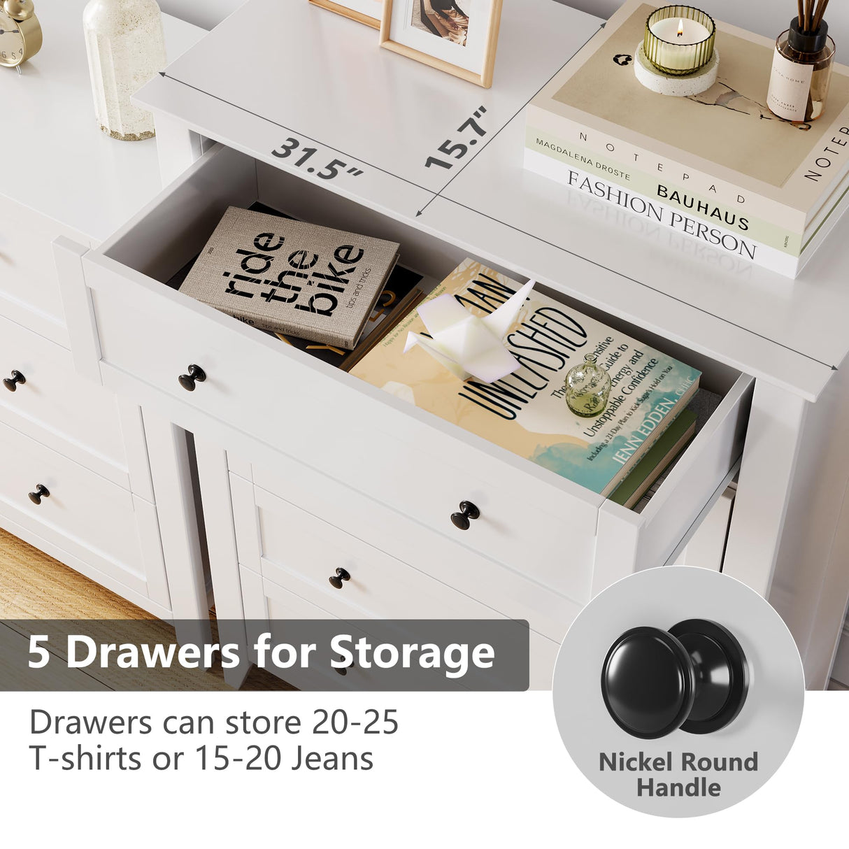 IDEALHOUSE 5 Chest of Drawer Dresser, Modern White Storage Organizer with Drawers for Bedroom, Living Room, Entryway, 42.5'' Tall IDEALHOUSE