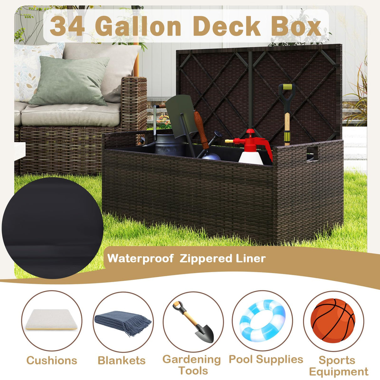 RELAX4LIFE 34-Gallon Outdoor Storage Box - Wicker Rattan Deck Box w/Seat Cushion, Waterproof Liner & Side Handles for Pillows, Patio Cushions, Pool Supplies, Garden Tools, Porch Outdoor Storage Bench RELAX4LIFE