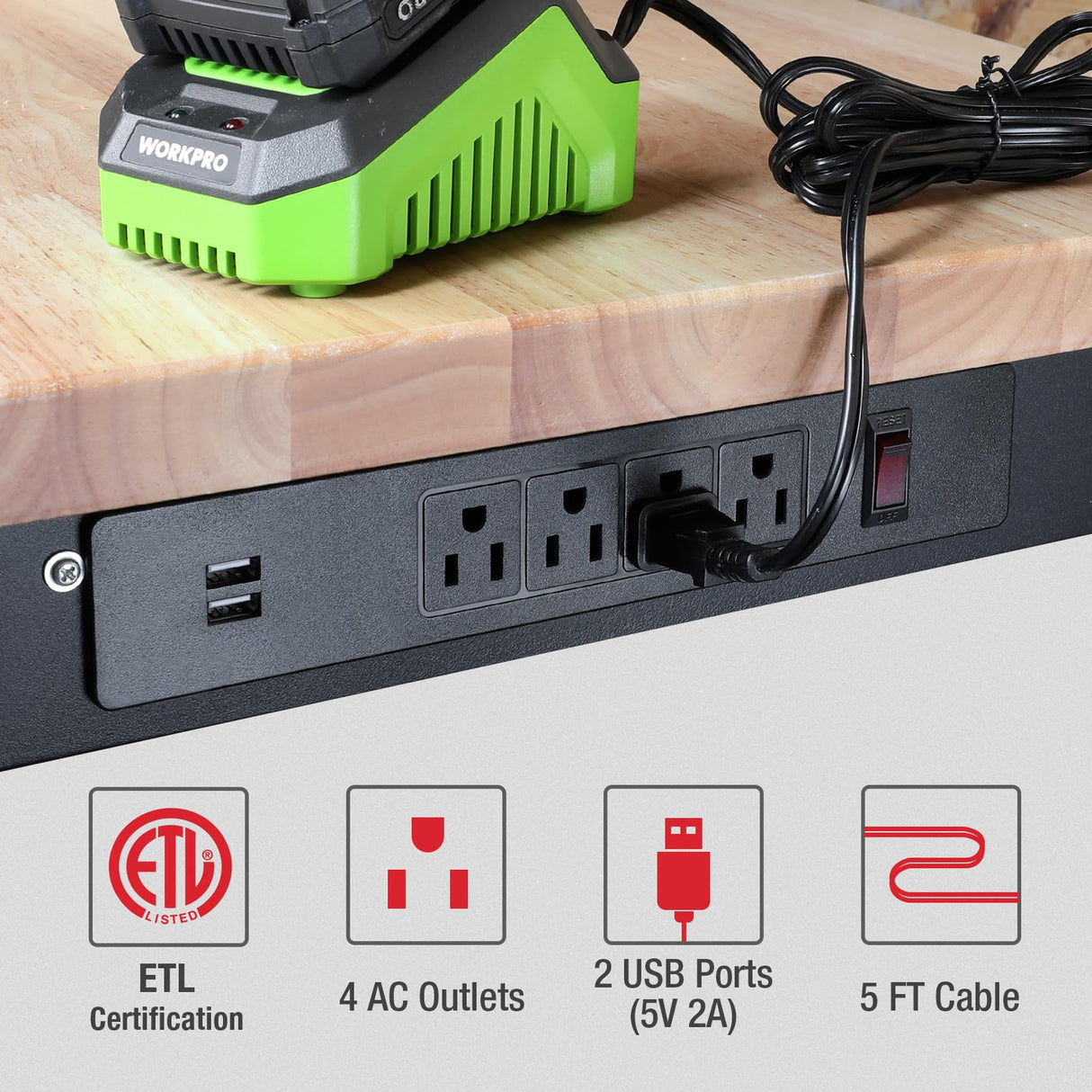 WORKPRO 72" Adjustable Workbench with 2 Pack 16”x 32” Metal Pegboard, Rubber Wood Top Heavy-Duty Workstation, 3000 LBS Load Capacity Hardwood Worktable with Power Outlets, for Workshop, Garage WORKPRO