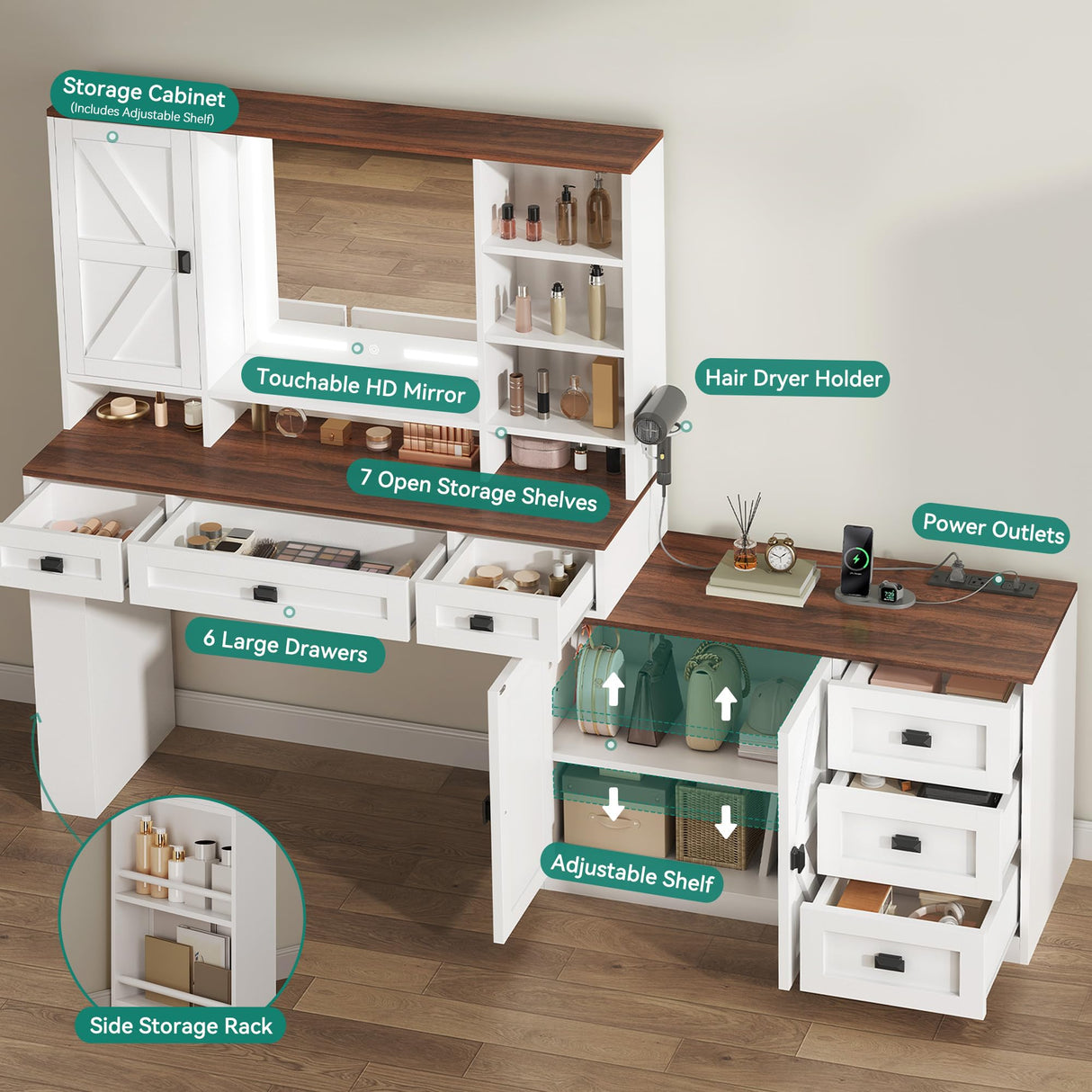 YITAHOME 48'' Farmhouse Makeup Vanity Desk with Mirror and Lights, 68'' 360° Rotation Big Modern Lighted Vanity Table with 6 Drawers & Lots Shelves, Rustic Large Dressing Table, Antique White YITAHOME