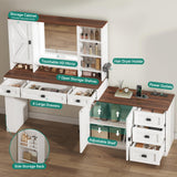 DWVO L Makeup Vanity Desk with Mirror and Lights, Farmhouse Big Lighted Vanity Table Set with 6 Drawers and Cabinet Shelves, 360° Rotation Large Dressing Table for Bedroom, White DWVO