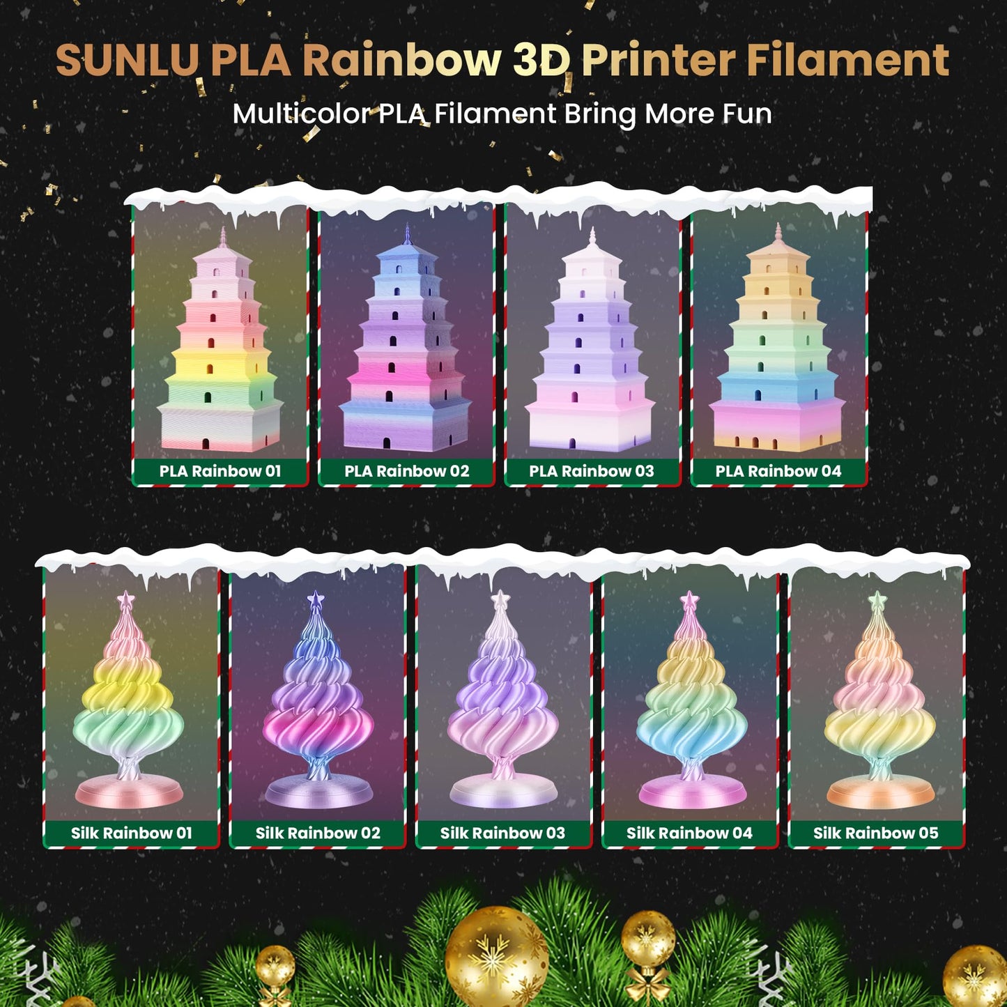 SUNLU Silk Rainbow Filament PLA+, Multicolor Shiny 3D Printer Filament, Fast Color Change, Color Change Each 8 Meters, Glossy Surface, 330 Meters, 1kg, Silk Rainbow (Yellow-Green-Blue-Pink) - WoodArtSupply