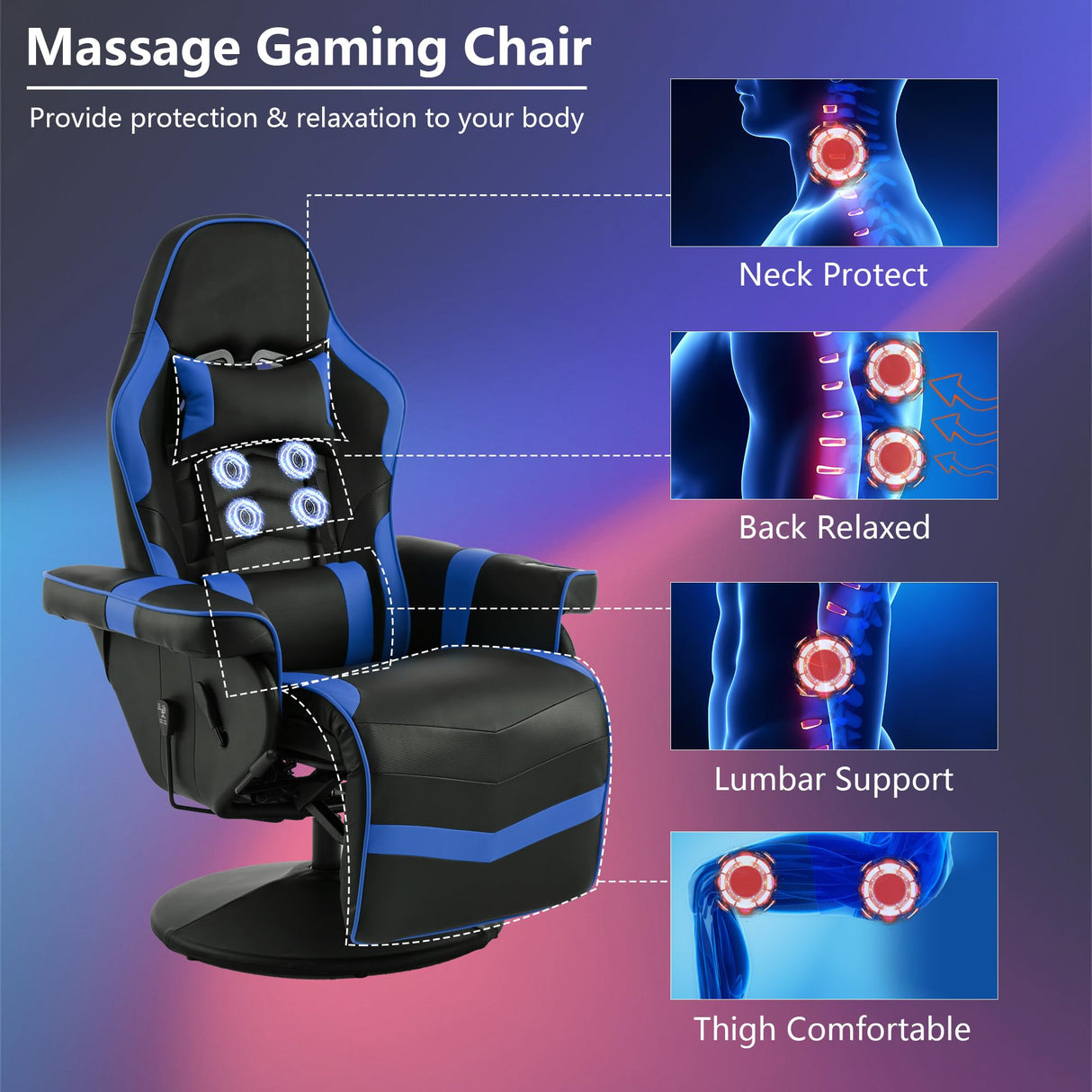 IBXFO Massage Gaming Chair for Adults, Heavy Duty Reclining Office Chair with Footrest, Adjustable Backrest and Cup Holder, Black Blue IBXFO