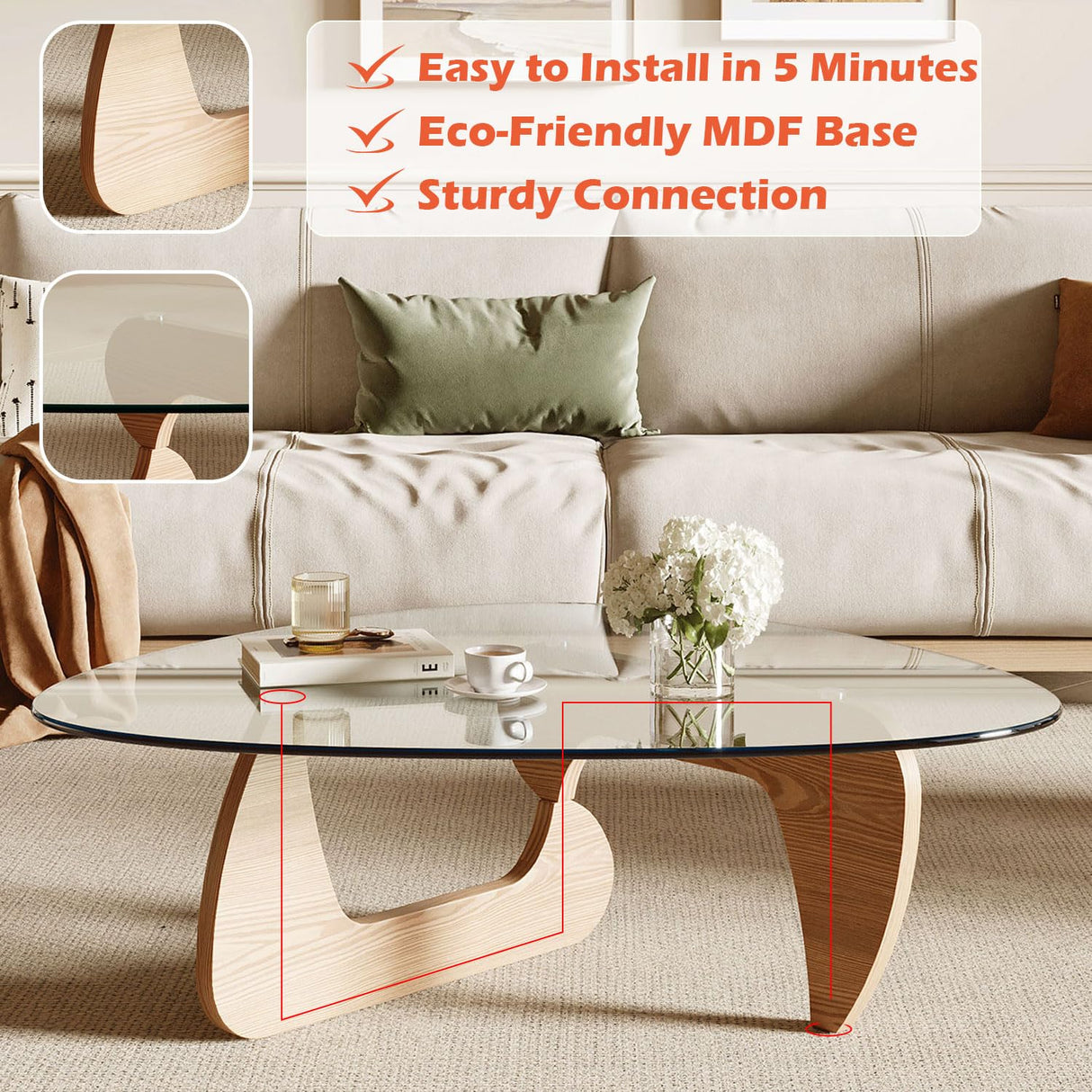 Miloyer Modern Coffee Table for Living Room and Small Spaces, 43.3" x 29.5" x 15.8" Triangle Tempered Glass Table Top and Eco-Friendly MDF Base, Natural Wood Miloyer