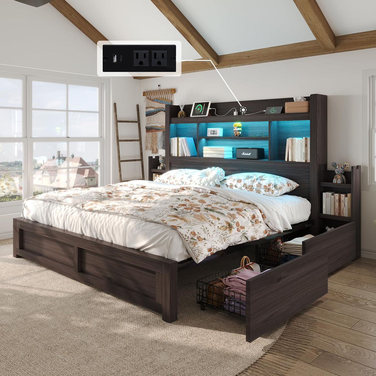 LUXOAK King Bed Frame with 49.6" Bookcase Headboard & 2 Bedside Stoage Racks & 4 Drawers, Farmhouse Wood Bed Frame with RGB LED & Charging Station, No Box Spring Needed, Black LUXOAK