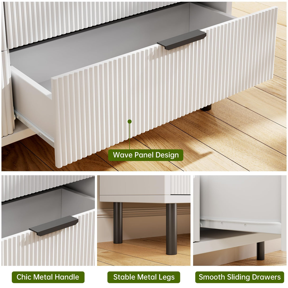 GAOMON White Wave Fluted 3 Drawers Dresser, Wide Wood Chest of Drawers, Modern Storage Dresser Chest of Drawers Organizer with Metal Legs and Anti-Tipping Device for Bedroom Living Room GAOMON