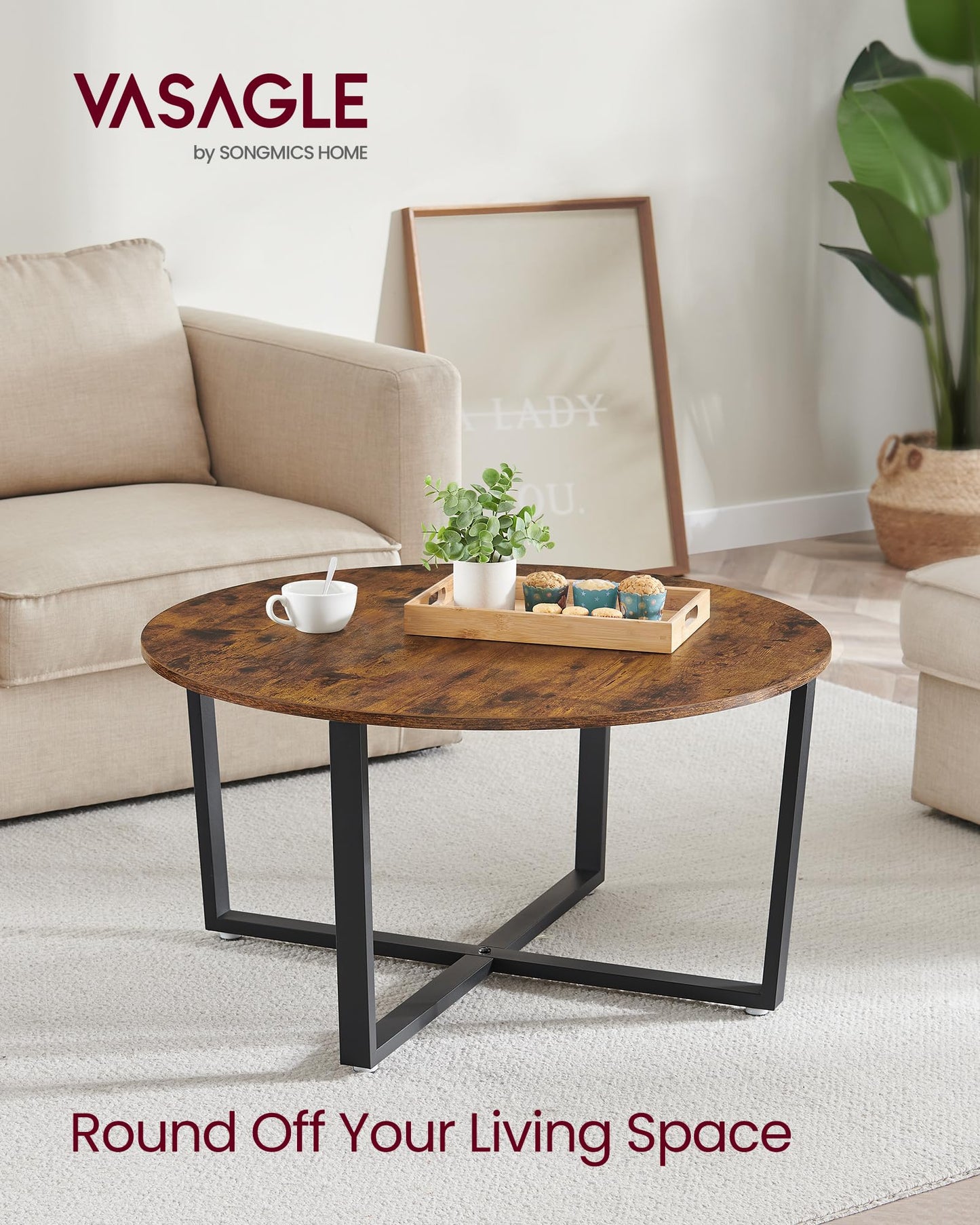 VASAGLE ALINRU Round Coffee Table, Industrial Style Cocktail Table, Durable Metal Frame, Easy to Assemble, for Living Room, Rustic Brown ULCT88X 39.4 x 21.7 x 17.7 Inches - WoodArtSupply