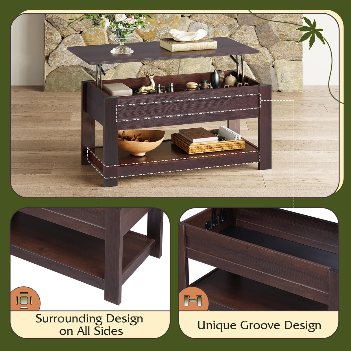 WLIVE Coffee Table, 39" Lift Top Coffee Table with Hidden Compartment, Storage Shelf and Lifting Top for Home Living Room, Office and Bedroom, Red-Brown WLIVE