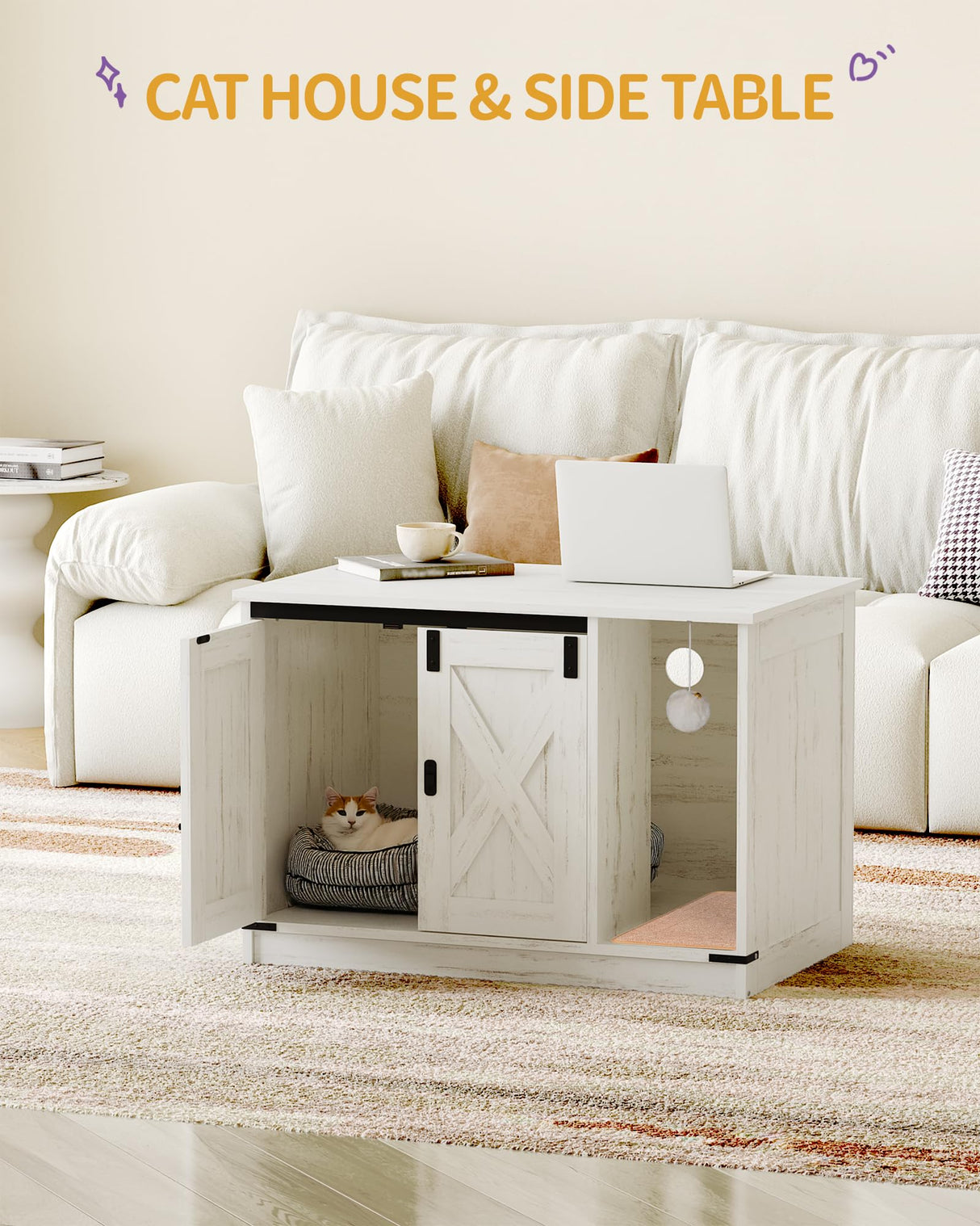 Hzuaneri Cat Litter Box Enclosure, Hidden Litter Box Cabinet Furniture with Bell, Indoor Cats House, Farmhouse Style, 31.5 x 19.7 x 20.9Inches, for Hallway, Bedroom, White CB82414B Hzuaneri