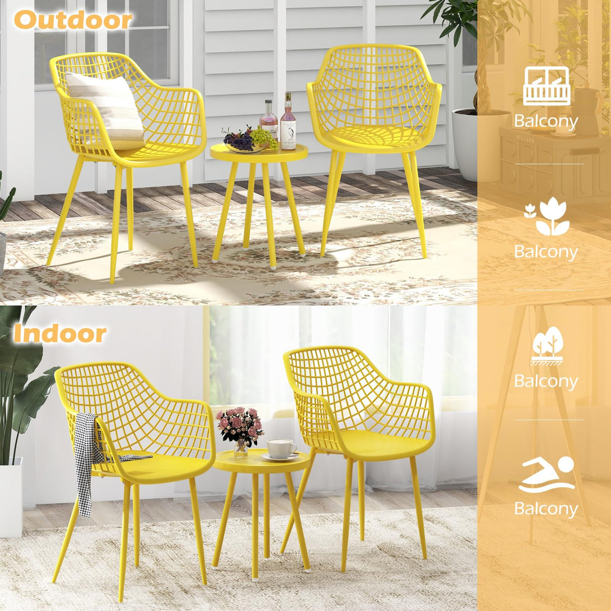 Tangkula 3 Piece Patio Bistro Set, All Weather Heavy Duty Table and Chairs Set of 2 with Widen Seats, Outdoor Furniture Set for Porch, Balcony, Backyard (Yellow) Tangkula