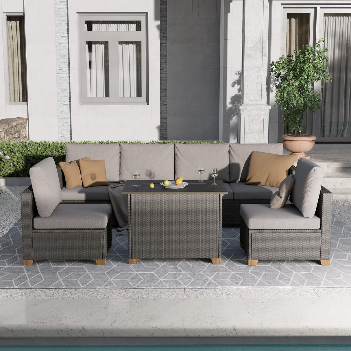 Grand patio 5 Pieces Wicker Outdoor Furniture Set,Patio Furniture Set with CSA Certification Fire Pit Table,Modular Sectional Sofa Sets with Olefin Cushions, 50,000 BTU Heat Output (Light Gray) Grand patio